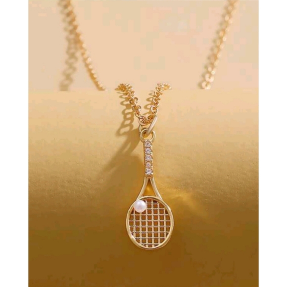 Anthropologie Jewelry - Minimalist Tennis Racket and Pearl Ball Trendy Gold Necklace